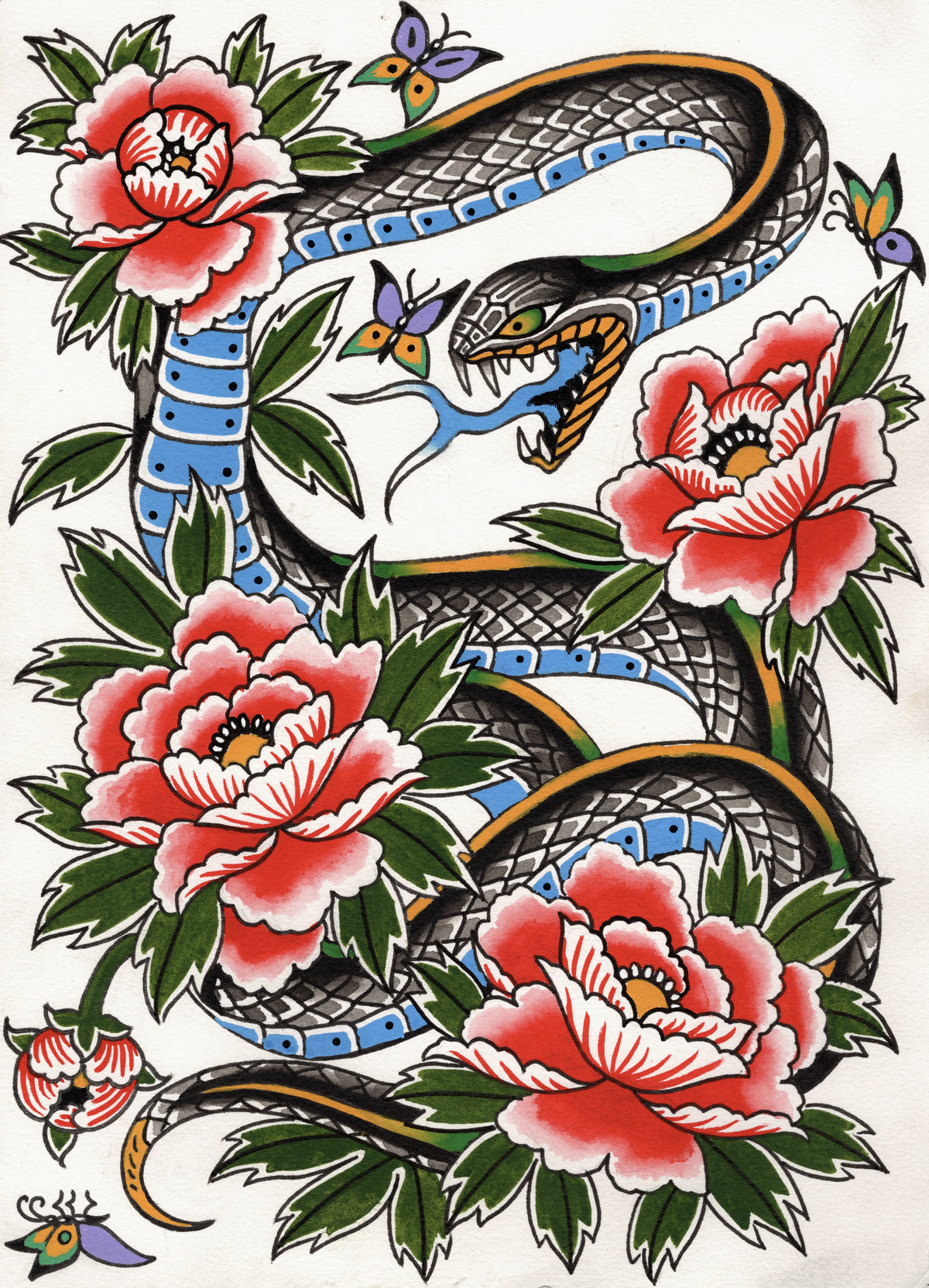 Snake and peonies art print